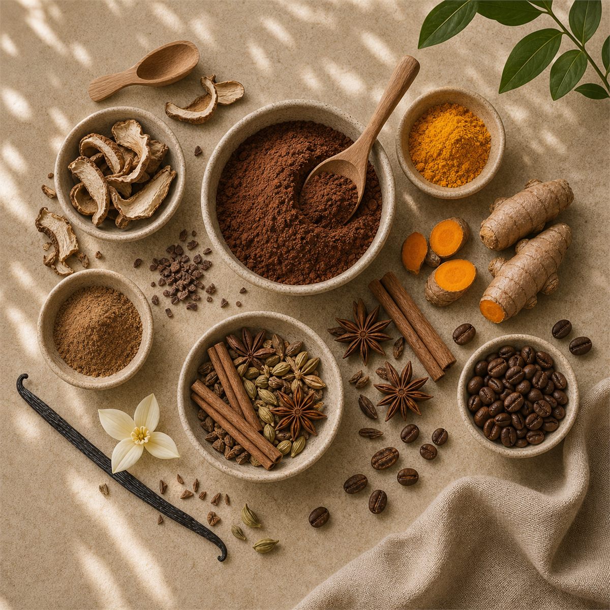 Coffee, mushroom and flavour ingredients arranged on a table