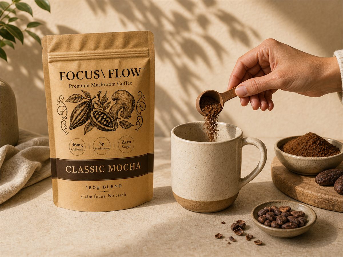 One scoop of FocusFlow being added to a mug